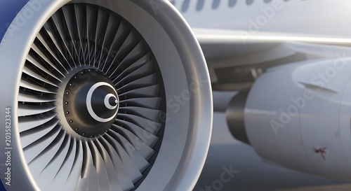 Detailed Jet Engine Turbine on Passenger Airplane Wing at Airport Tarmac
