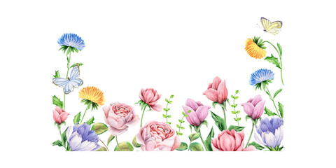 Colorful Floral Wreath Border with Butterflies and Wildflowers in Soft Watercolor Style