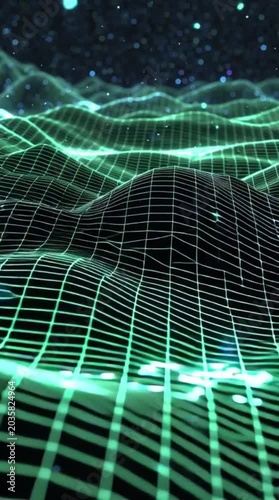 Abstract Green Wireframe Cyber Landscape Mesh with Floating Glowing Particles