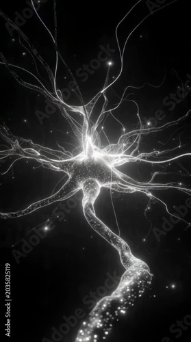 Abstract Brain Neuron Cell Activity with Glowing White Neural Network Signals