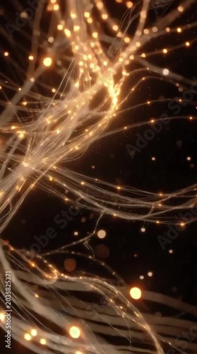 Abstract Golden Glowing Neural Network and Fiber Optic Data Streams with Floating Particles