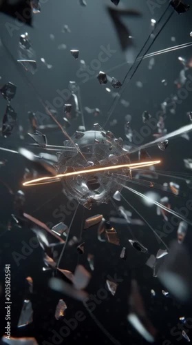 Abstract Glass Sphere Orbited by Glowing Gold Neon Ring Amidst Floating Shards