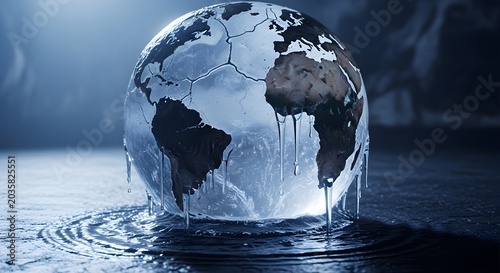 Melting Frozen Earth Globe Dripping on Wet Surface in Dark Blue Setting