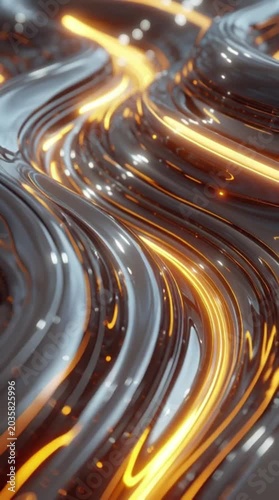 Abstract Wavy Liquid Chrome Streams Interwoven with Glowing Golden Neon Light Lines