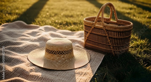 Woven Straw Hat and Picnic Basket Resting on Blanket in Sunlit Park Lawn