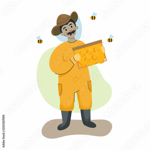 Male beekeeper holds honeycomb with honey in his hands. Cartoon style character. Man in protective suit.