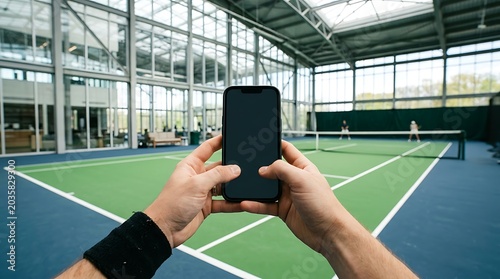 Hand holding a mobile phone at a tennis court facility