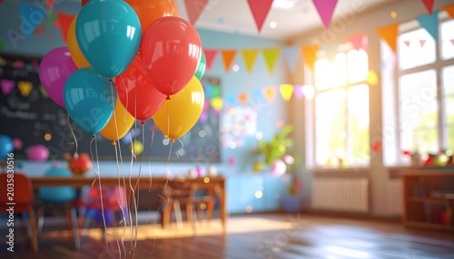 Classroom decorated with balloons and festive banners