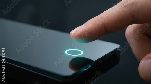 Fingerprint Scan Authentication: A close-up shot captures a finger activating a glowing blue circular scanner on a sleek, modern device, symbolizing advanced security and digital access.