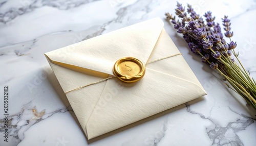 Envelope with Wax Seal and Lavender on Marble