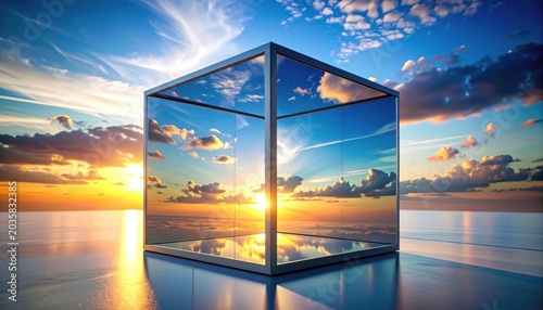Transparent cube reflecting sunset sky