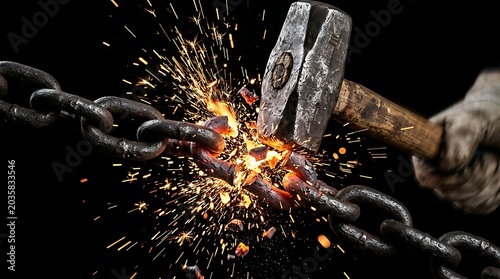 Heavy sledgehammer smashing a metal chain with glowing sparks