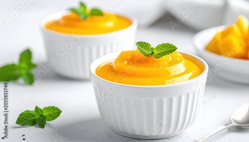 Mango dessert in white bowls with mint garnish