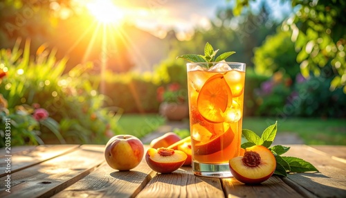 Peach Iced Tea with Peaches and Mint in Garden