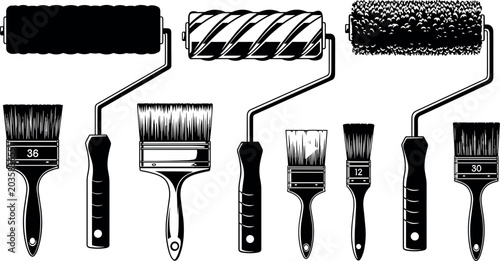 Fotografie House Painting and Renovation Tool Icon Set Featuring Paint Rollers and Various