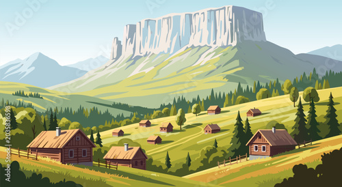 Foto Scenic mountain valley illustration with quaint wooden houses and rolling green