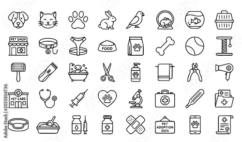 Bild auf Leinwand Veterinary pet icons vector minimal animal care outline pack