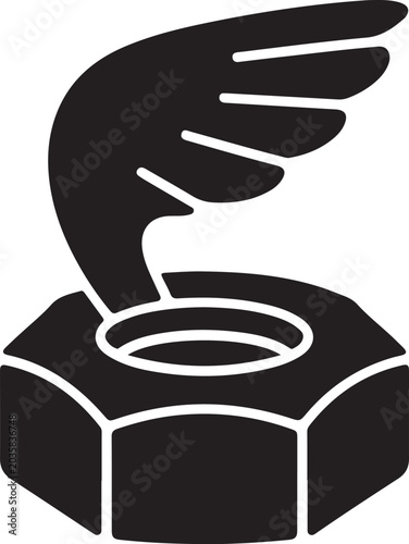 Winged hand, nut icon, black and white, graphic symbol, industrial sign