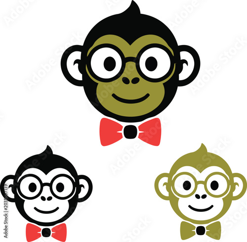 Photography Collection of cute monkey mascot vector designs with round glasses, bow tie and smiling cartoon expressions