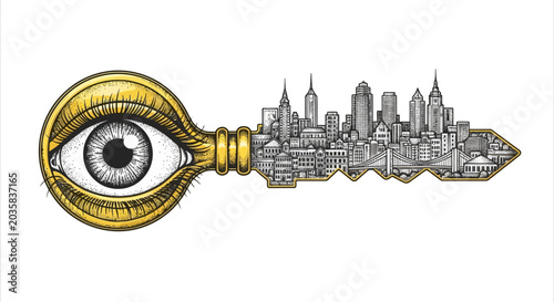 Bilde på lerret Visionary key unlocking the city's future with an observant eye.