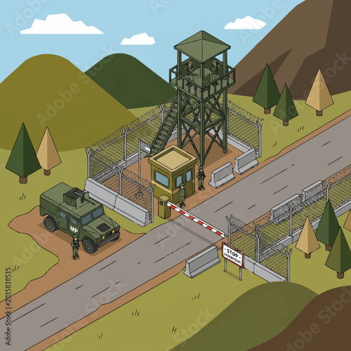 Photos Military checkpoint with watchtower and vehicle.