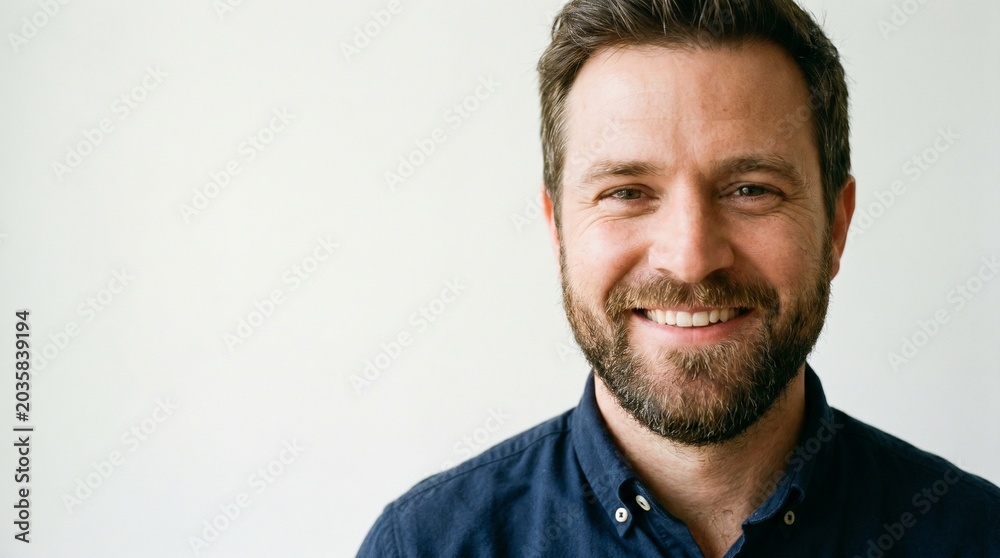 Obraz premium Close up portrait of a smiling man with beard and blue shirt against a white background