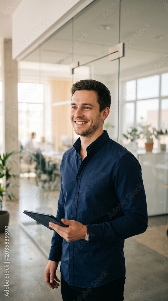 Fototapeta premium Smiling businessman holding a tablet computer in a modern office environment