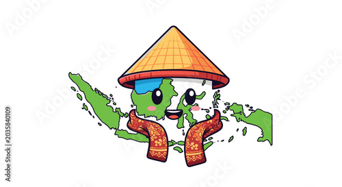Fotografía Green cartoon character wearing conical hat.