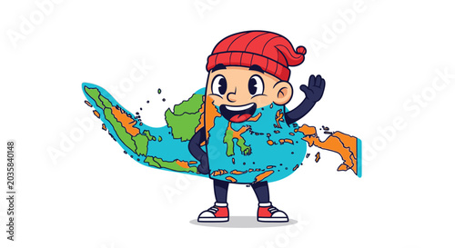 Foto Cartoon boy wearing red hat smiling.