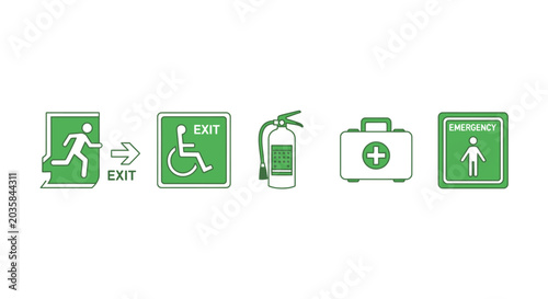 Emergency exit and safety signs icons.