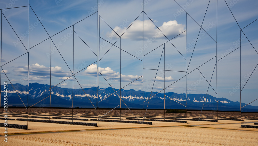 Fototapeta premium Geometric Sculpture Amidst Golden Fields and Snow-Capped Mountains