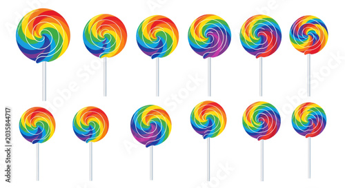Schilderij op canvas Colorful Rainbow Swirl Lollipops Collection, Sweet Candies on White Background