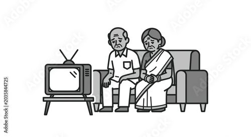 Foto Elderly Couple Sad Watching Television on Sofa