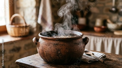Steam rising from a rustic clay pot in a traditional kitchen