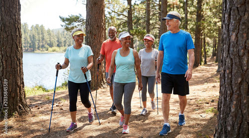 Group of elderly people exercising in nature. Sport 