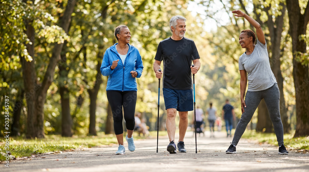 Fototapeta premium Group of elderly people exercising in nature. Sport 
