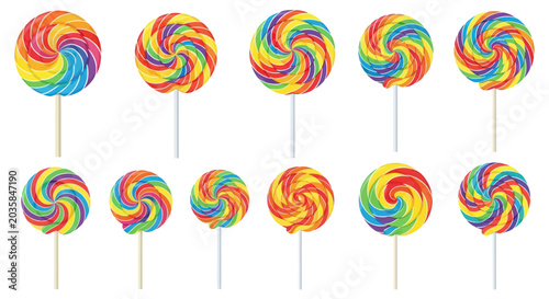 Schilderij op canvas Colorful Rainbow Swirl Lollipops Collection on White Background
