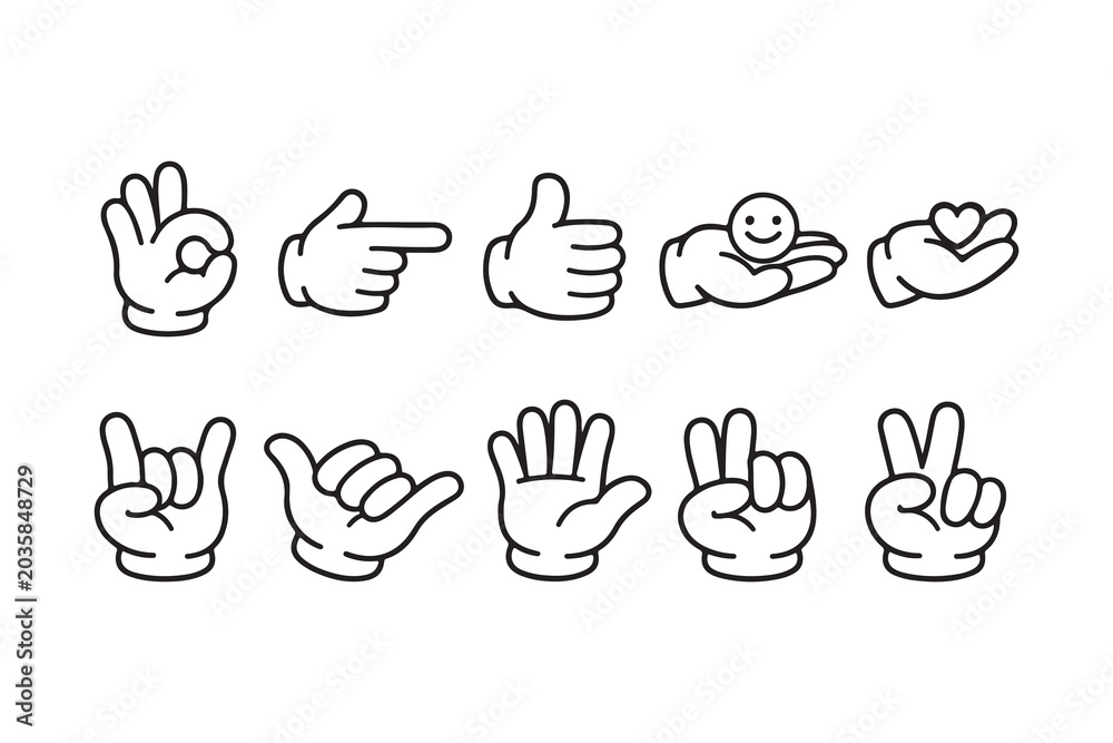 Fototapeta premium Set of ten hand gestures expressing different emotions and actions black line art.