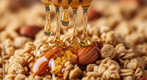 Golden honey dripping onto crunchy granola and almonds, creating a delicious and textured breakfast scene