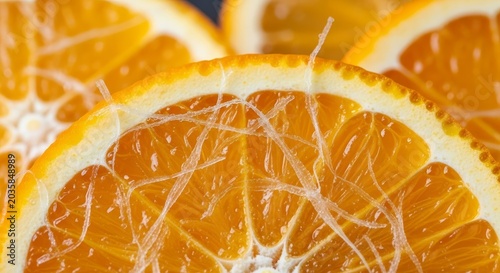 Macro photograph of a juicy orange slice showcasing its vibrant segments and glistening texture