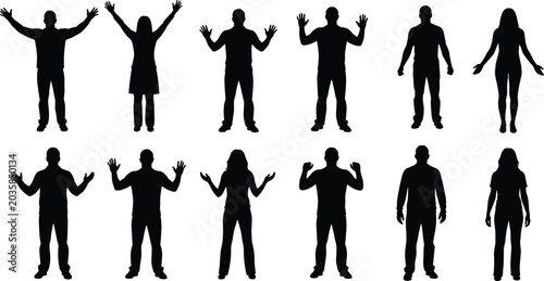 Photos Set of ten black silhouettes of standing human figures in varied poses and gestures, symbolizing posture, movement, diversity, and design versatility on white background