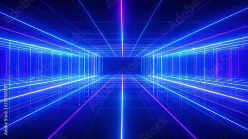 Vibrant Neon Grid Tunnel, Futuristic Digital Space, Abstract Blue Pink Light Corridor