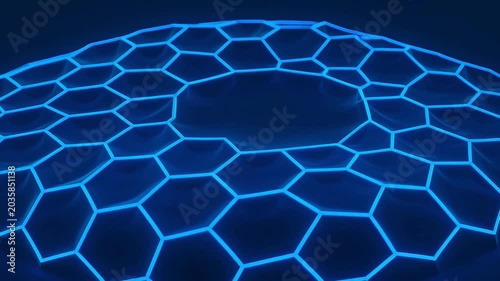 Abstract Blue Hexagon Network, Futuristic Technology Grid, Digital Science Background