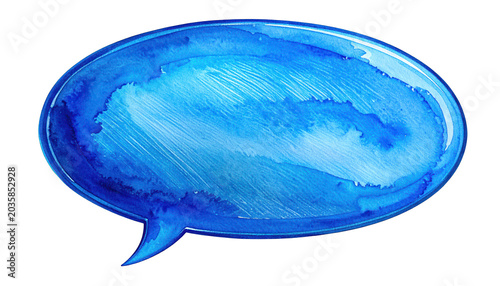Vibrant blue watercolor speech bubble illustration with brush strokes
