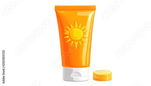 Bright Orange Sunscreen Tube with Cap, Offering Protection from the Sun's Rays, Ideal for Summer Beach Vacations