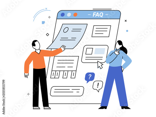 People using a large FAQ browser window vector illustration. Customer support, help center, info search, problem solving, online assistance, user experience. Characters using a web help page