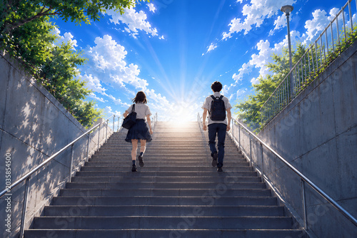 青空の下で未来へ向かって歩く高校生の通学イメージ