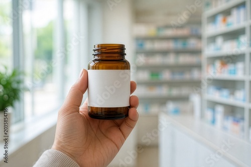Hand Holding Amber Medicine Bottle With Blank Label in Modern Pharmacy Interior – Pharmaceutical Product Mockup and Healthcare Concept