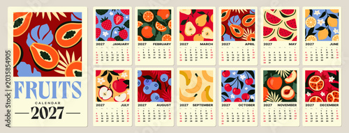 Cuadro en lienzo A colorful 2027 fruit calendar showing various fruits in bold graphic style on a soft neutral background, representing freshness and seasonal themes