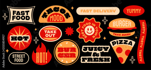Colorful fast food label stickers shown on dark background, presenting concept of street snacks and quick meals. Vector illustrations set